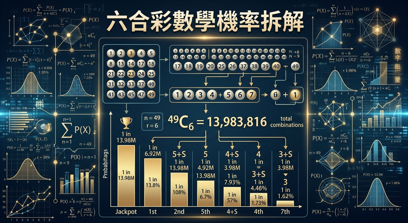 這張圖片呈現了一個以數據與圖表組成的「六合彩數學機率拆解」資訊圖表,背景包含概率公式、組合數計算(49選6)以及各式統計曲線。 畫面中央詳細列出了累積彩池與各獎項的中獎機率分佈,將複雜的數學原理與彩票數據進行直觀且系統化的視覺呈現。
