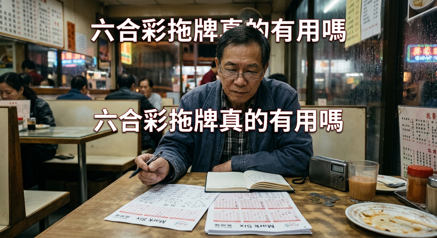 一張在香港茶餐廳拍攝的紀實風格照片,一名男子正在桌上記錄六合彩號碼。 畫面中央印有醒目的白色繁體字標題:「六合彩拖牌真的有用嗎」。